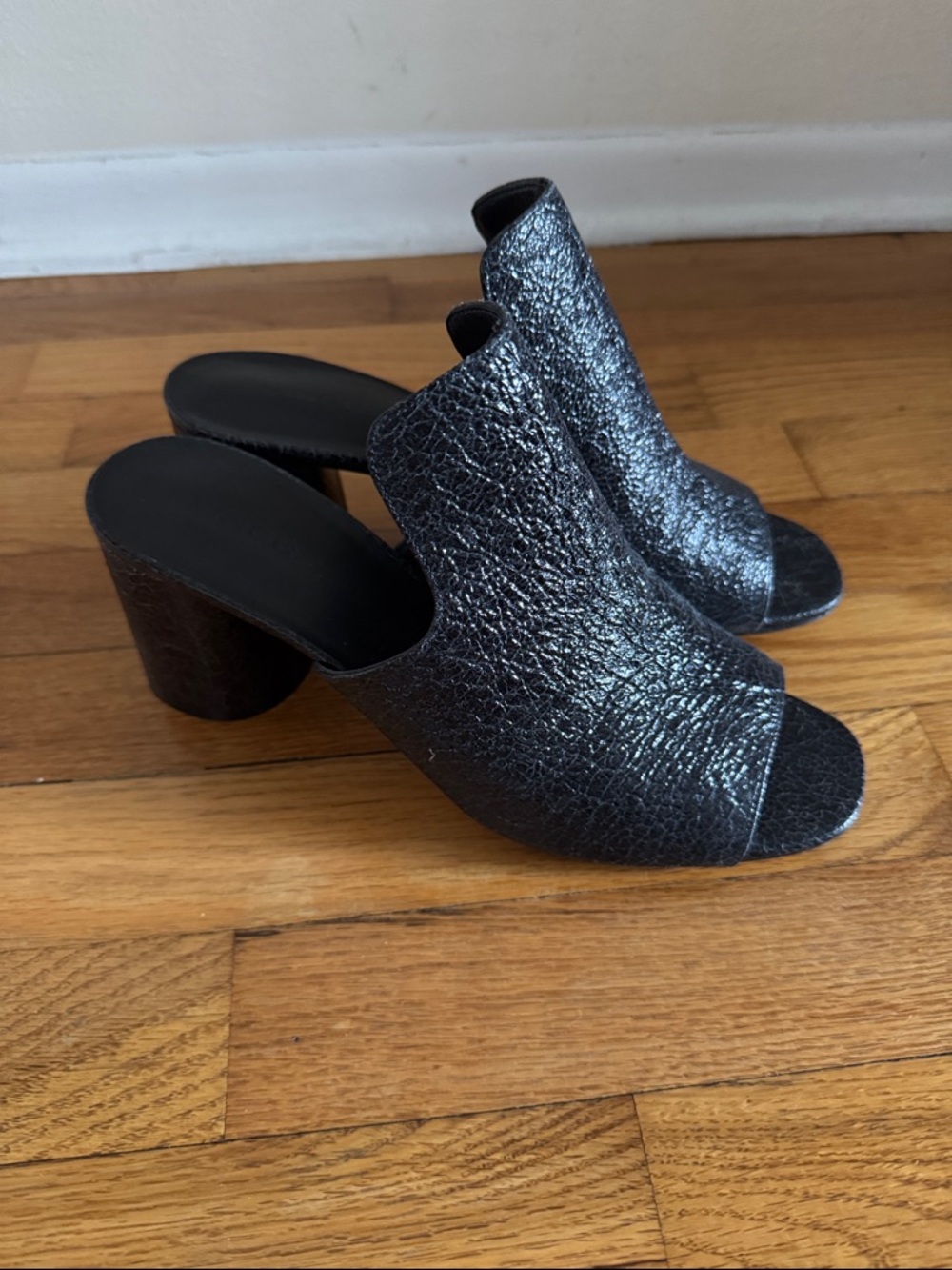 Vince Metallic Black Peep-Toe Block Heel Mules